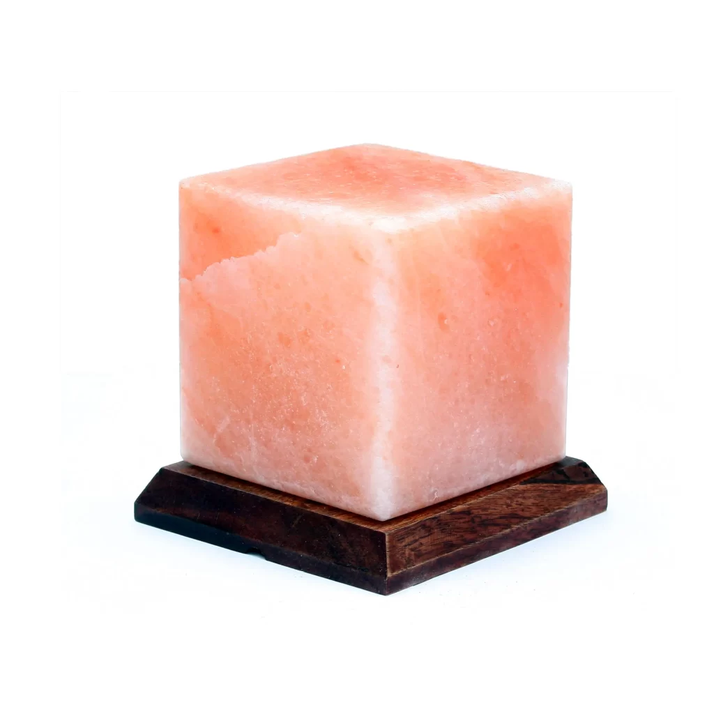 Handcrafted USB Rectangle Shaped Himalayan Pink Salt Lamp - Desktop Wellness Decor Handcrafted USB rectangle shaped Himalayan pink salt lamp mounted on a dark circular wooden base.