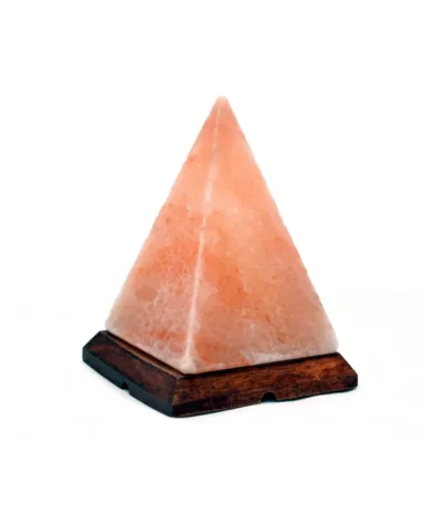 Handcrafted geometric pyramid shaped Himalayan pink salt lamp mounted on a square dark wooden base.