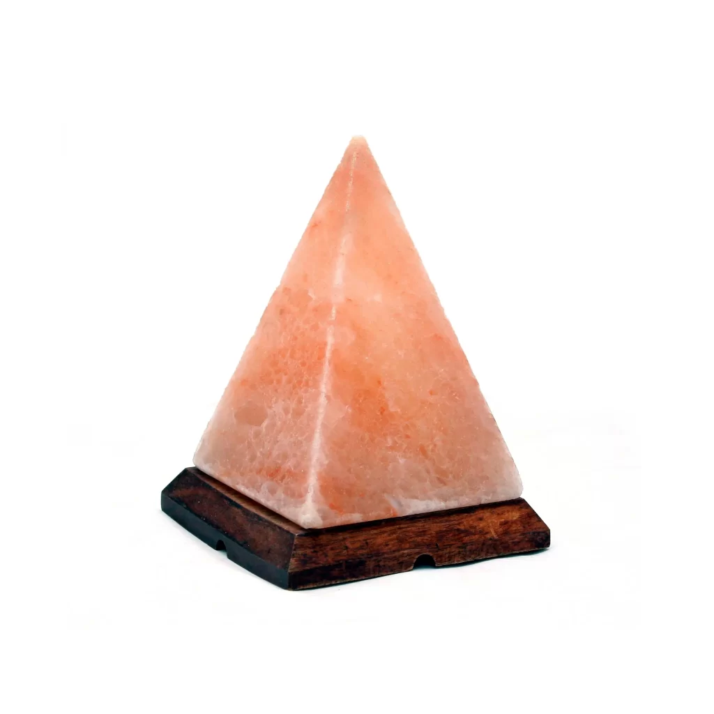 Handcrafted Pyramid Shaped Himalayan Pink Salt Lamp - Ambient Home Decor Handcrafted geometric pyramid shaped Himalayan pink salt lamp mounted on a square dark wooden base.