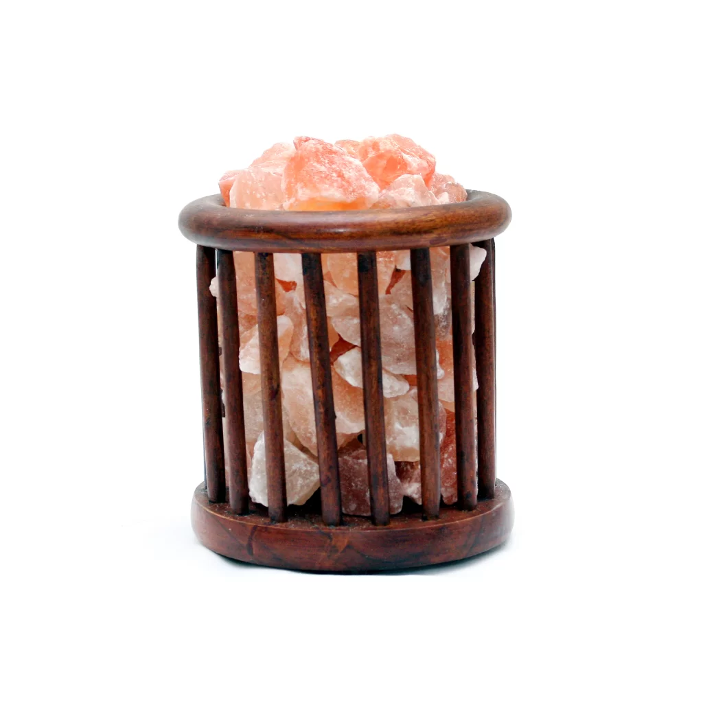 Round Wooden Basket Himalayan Pink Salt Lamp - Natural Decor & Wellness Light Handcrafted cylindrical dark wooden basket filled with raw Himalayan pink salt crystal chunks.