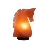 Handcrafted horse shape USB lamp pink salt carved with sculpted horse head contours mounted on a dark wooden base