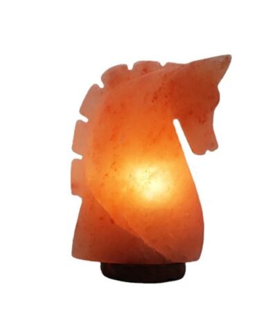 Handcrafted horse shape USB lamp pink salt carved with sculpted horse head contours mounted on a dark wooden base