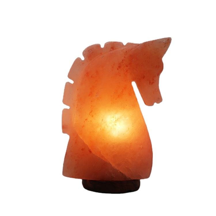 Handcrafted horse shape USB lamp pink salt carved with sculpted horse head contours mounted on a dark wooden base