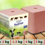 Compressed Himalayan pink rock salt animal lick block with center hole and branded retail packaging box.