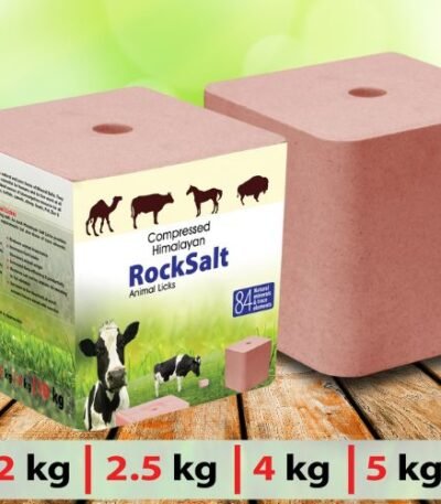 Compressed Himalayan pink rock salt animal lick block with center hole and branded retail packaging box.