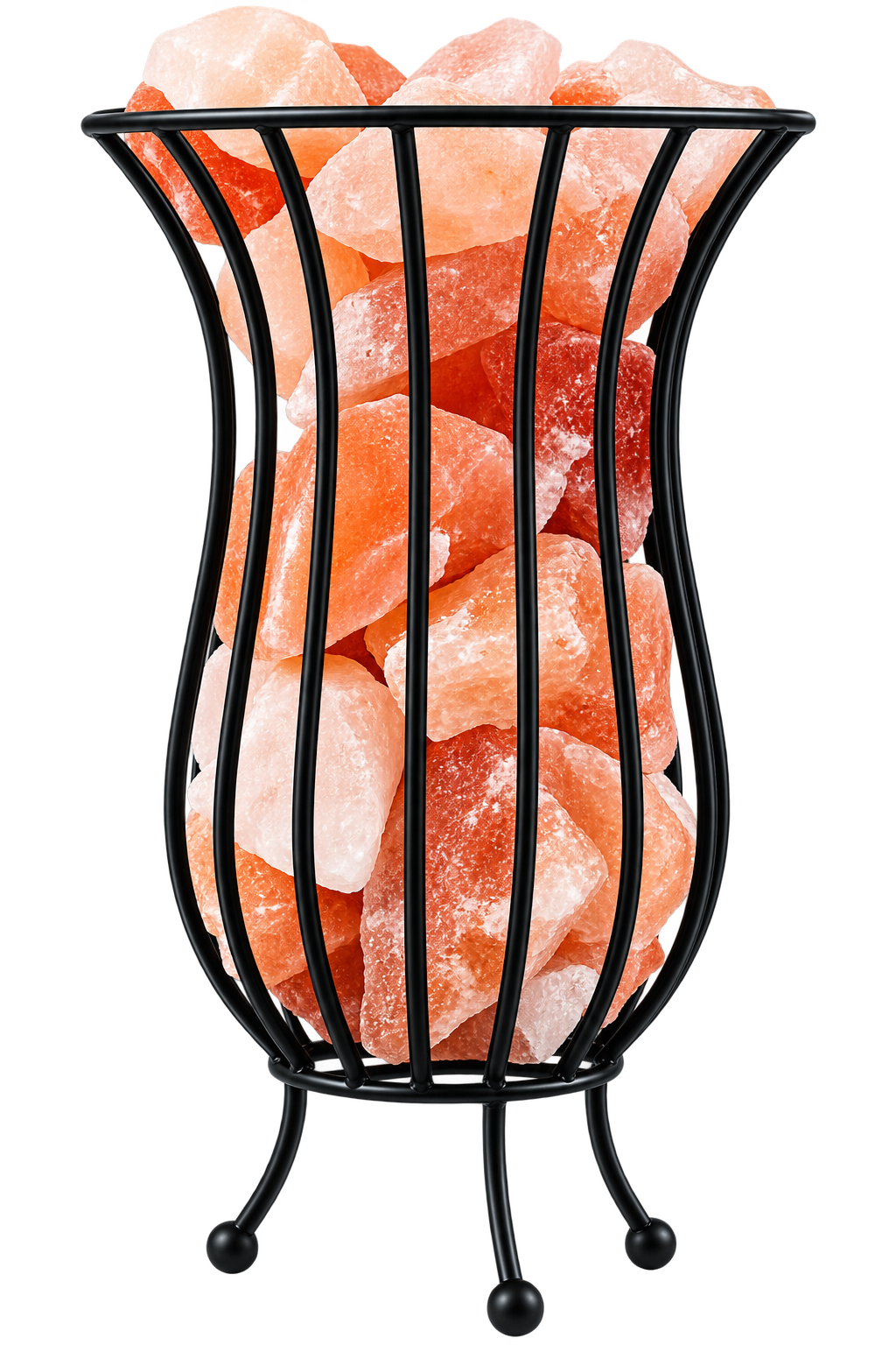 Himalayan Pink Salt Metal Basket Lamp - Flared Vase Decor Black metal wire vase basket salt lamp on tripod feet filled with natural Himalayan pink rock salt chunks on a marble surface