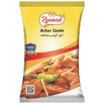 Zeenat Achar Gosht Masala recipe spice pouch with cooked meat curry illustration, green chili, and 100 percent quality guarantee seal