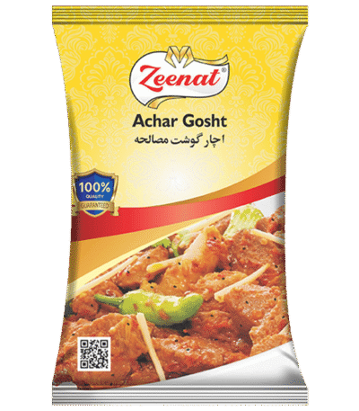 Zeenat Achar Gosht Masala recipe spice pouch with cooked meat curry illustration, green chili, and 100 percent quality guarantee seal