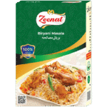 Zeenat Biryani Masala spice box packaging with cooked chicken biryani platter and 100 percent quality guarantee seal.
