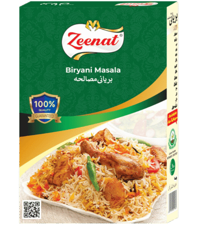 Zeenat Biryani Masala spice box packaging with cooked chicken biryani platter and 100 percent quality guarantee seal.