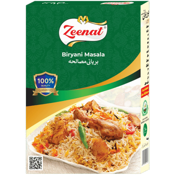 Zeenat Biryani Masala spice box packaging with cooked chicken biryani platter and 100 percent quality guarantee seal.