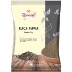 Zeenat black pepper powder spice pouch with ground kali mirch scoop and whole black peppercorns.