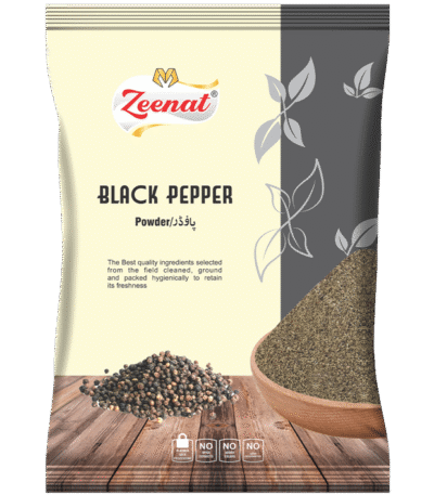 Zeenat black pepper powder spice pouch with ground kali mirch scoop and whole black peppercorns.