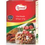 Zeenat Chat Masala spice box packaging with seasoned chana chaat bowl and 100 percent quality guarantee seal.