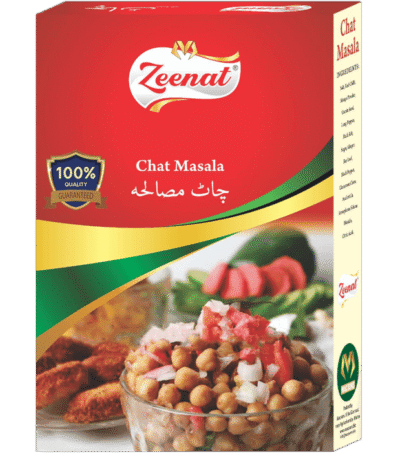 Zeenat Chat Masala spice box packaging with seasoned chana chaat bowl and 100 percent quality guarantee seal.
