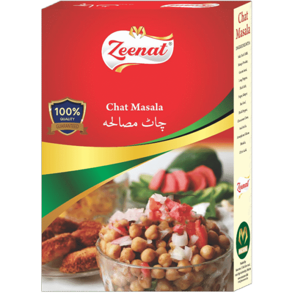 Zeenat Chat Masala spice box packaging with seasoned chana chaat bowl and 100 percent quality guarantee seal.