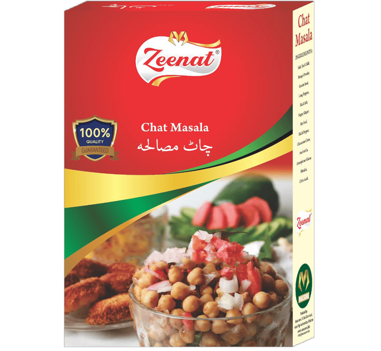 Zeenat Chat Masala Retail Box Pack - Tangy Snack Seasoning Zeenat Chat Masala spice box packaging with seasoned chana chaat bowl and 100 percent quality guarantee seal.