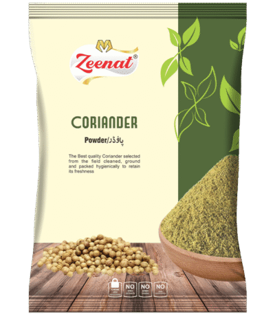 Zeenat coriander powder spice pouch with ground dhaniya scoop and whole coriander seeds