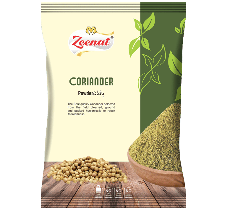 Zeenat Coriander Powder Retail Pouch - Pure Ground Spice Zeenat coriander powder spice pouch with ground dhaniya scoop and whole coriander seeds