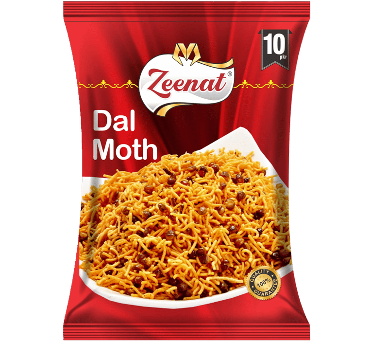 Zeenat Dal Moth Retail Pouch - Crispy Fried Savory Snack Zeenat Dal Moth fried snack retail pouch with 10 PKR price badge and 100 percent quality guarantee seal