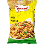 Zeenat Mix Nimko retail snack pouch packet with a bowl of savory namkeen mix and 100 percent quality guarantee seal