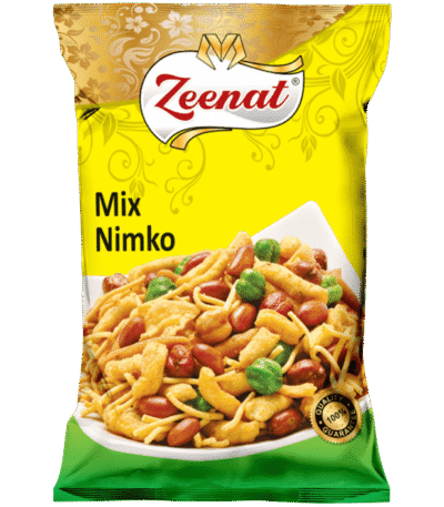 Zeenat Mix Nimko retail snack pouch packet with a bowl of savory namkeen mix and 100 percent quality guarantee seal