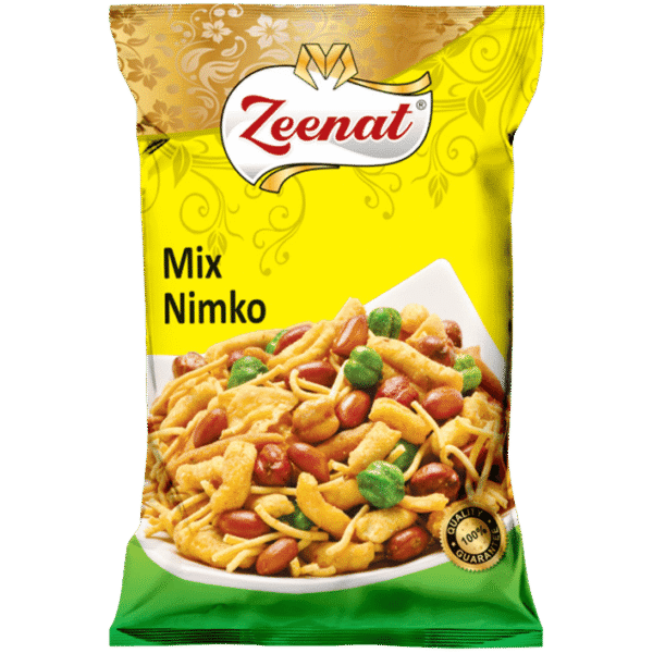 Zeenat Mix Nimko retail snack pouch packet with a bowl of savory namkeen mix and 100 percent quality guarantee seal