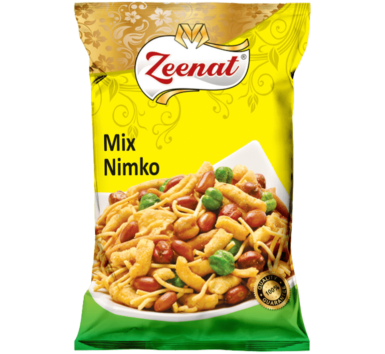 Zeenat Mix Nimko Retail Pouch - Crispy Savory Namkeen Snack Zeenat Mix Nimko retail snack pouch packet with a bowl of savory namkeen mix and 100 percent quality guarantee seal