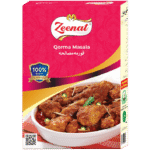 Zeenat Qorma Masala recipe spice pouch with cooked chicken qorma illustration and 100 percent quality guarantee seal