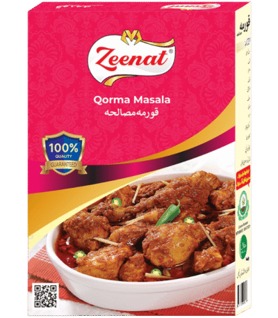 Zeenat Qorma Masala recipe spice pouch with cooked chicken qorma illustration and 100 percent quality guarantee seal