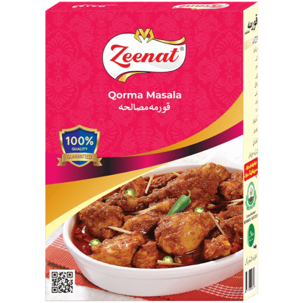 Zeenat Qorma Masala recipe spice pouch with cooked chicken qorma illustration and 100 percent quality guarantee seal