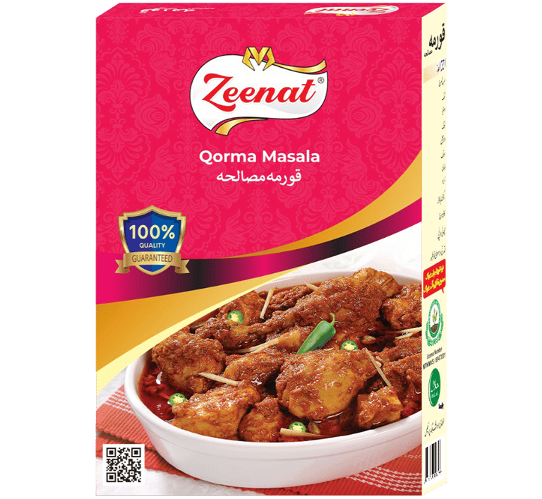 Zeenat Qorma Masala Retail Pouch Zeenat Qorma Masala recipe spice pouch with cooked chicken qorma illustration and 100 percent quality guarantee seal