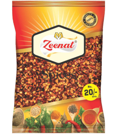 Zeenat Spices Crushed Red Chili Flakes retail pouch with Rs 20 price badge and 100 percent quality guarantee seal