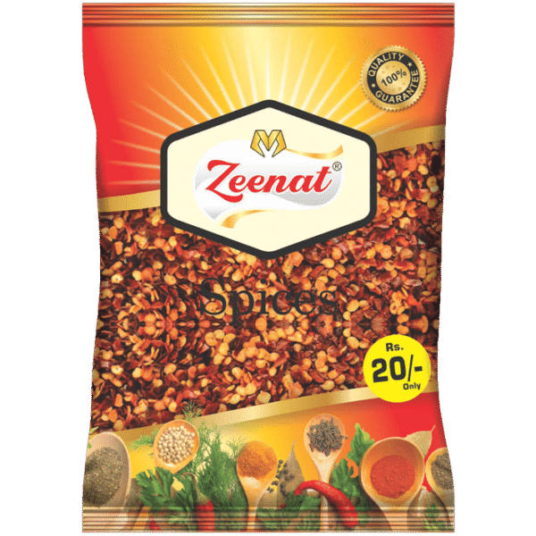 Zeenat Spices Crushed Red Chili Flakes retail pouch with Rs 20 price badge and 100 percent quality guarantee seal