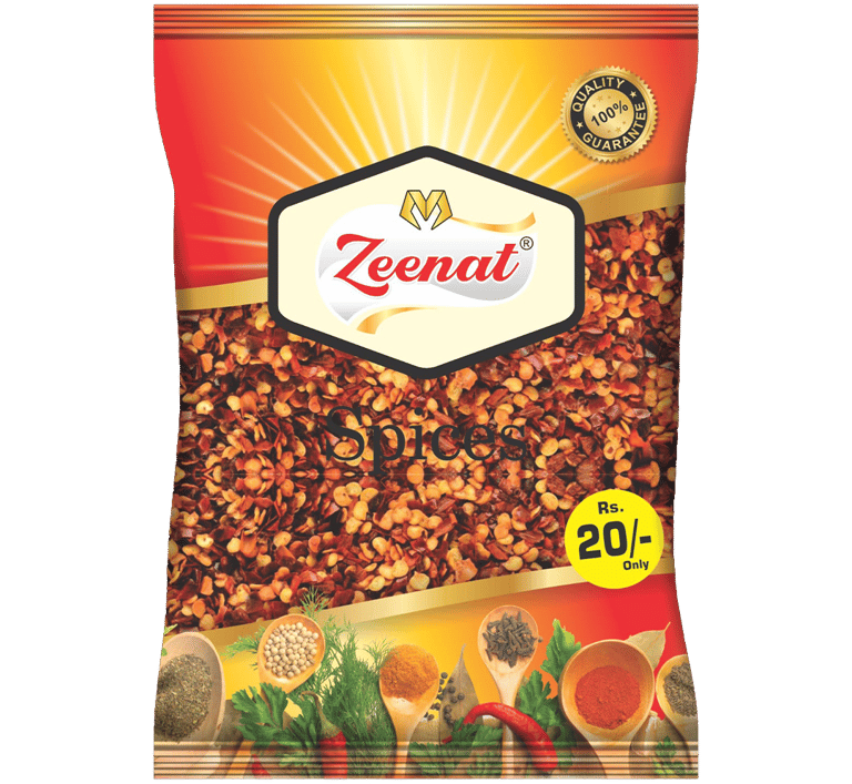 Zeenat Spices Crushed Red Chili Flakes Retail Pouch - Pure Red Pepper Seasoning Zeenat Spices Crushed Red Chili Flakes retail pouch with Rs 20 price badge and 100 percent quality guarantee seal