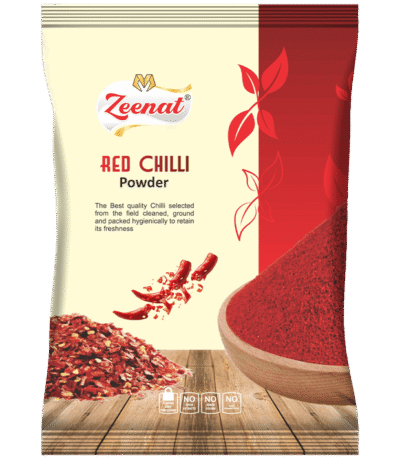 Zeenat Red Chilli Powder retail spice pouch packet with product artwork and quality guarantee badges