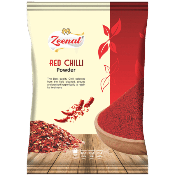 Zeenat Red Chilli Powder retail spice pouch packet with product artwork and quality guarantee badges