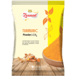 Pure ground turmeric powder spice pouch with ground haldi scoop and whole turmeric roots