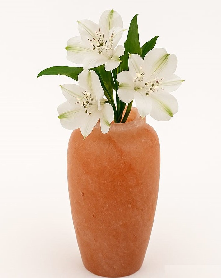 Himalayan Pink Salt Flower Vase - Natural Home Decor Handcrafted Himalayan pink salt flower vase holding white flowers on a clean white background