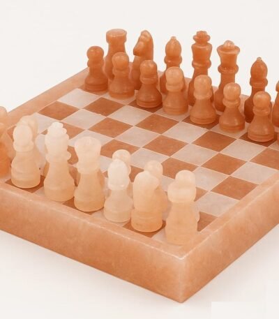 Handcrafted Himalayan pink salt chess set with solid mineral board and carved pink rock salt chess pieces