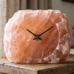Handcrafted Himalayan pink salt table clock with raw crystal edges and smooth recessed analog dial