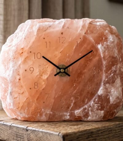 Handcrafted Himalayan pink salt table clock with raw crystal edges and smooth recessed analog dial