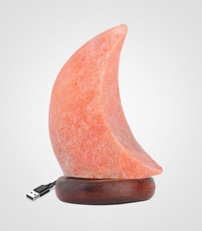 Handcrafted USB crescent moon shaped Himalayan pink salt lamp mounted on a dark circular wooden base with USB cable