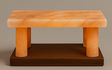 Handcrafted Himalayan pink salt bench with four cylindrical pillars mounted on a dark rectangular wooden base