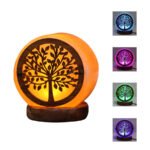 Handcrafted illuminated Tree of Life Himalayan pink salt lamp with circular wooden overlay and multi-color LED lighting