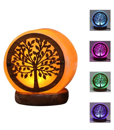 Handcrafted illuminated Tree of Life Himalayan pink salt lamp with circular wooden overlay and multi-color LED lighting