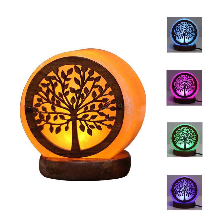 Tree of Life Himalayan Pink Salt Lamp - Multi-Color Ambient Decor Handcrafted illuminated Tree of Life Himalayan pink salt lamp with circular wooden overlay and multi-color LED lighting